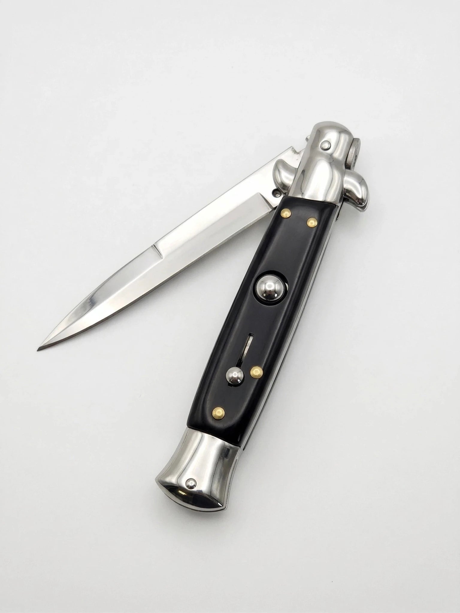 Classic Stiletto Switchblade Knife with Black Handle and Polished Bayonet 