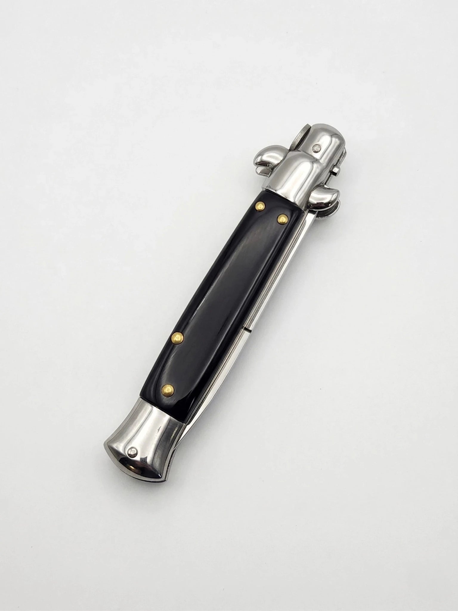 Classic Stiletto Switchblade Knife with Black Handle and Polished Bayonet 