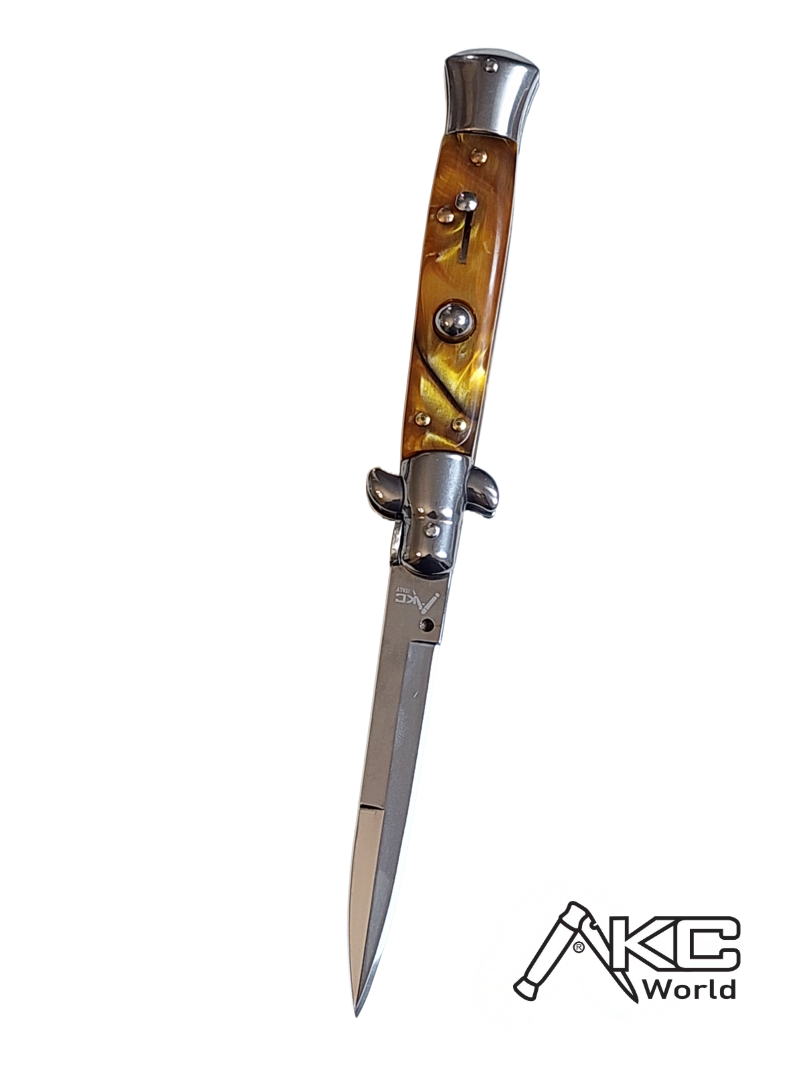 Gold Pearl Stiletto switchblade knife with AKC branding, elegant automatic blade for collectors or enthusiasts