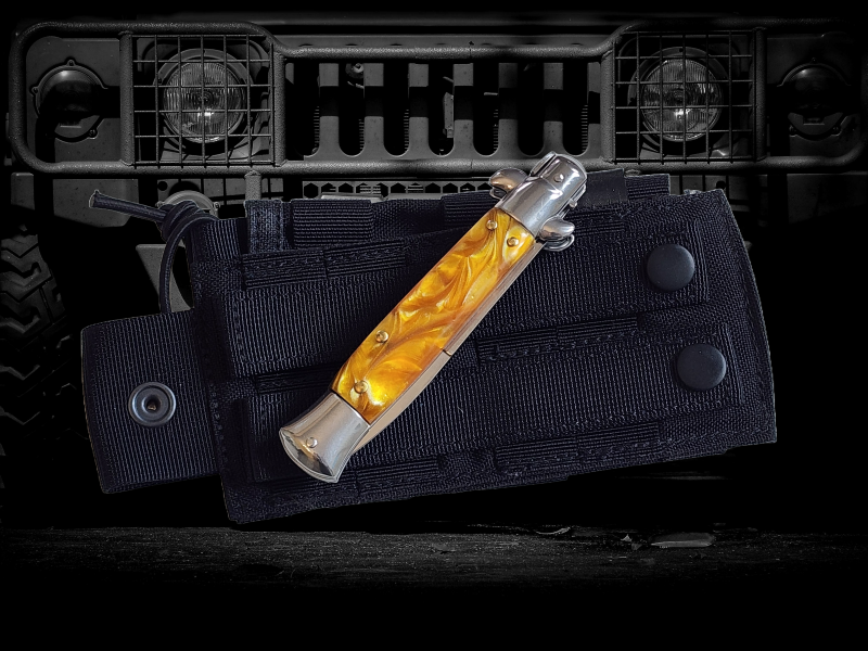 Gold Pearl Stiletto switchblade knife with AKC branding, elegant automatic blade for collectors or enthusiasts