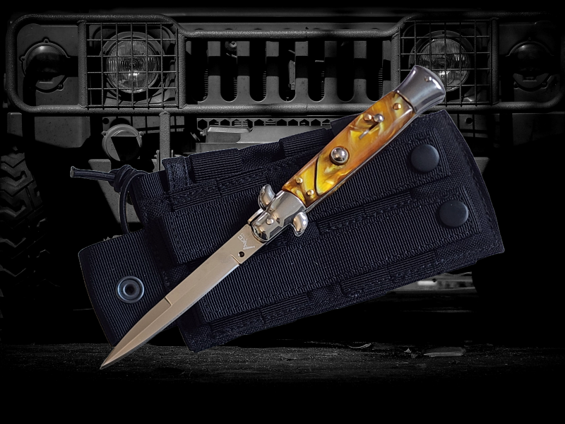 Gold Pearl Stiletto switchblade knife with AKC branding, elegant automatic blade for collectors or enthusiasts