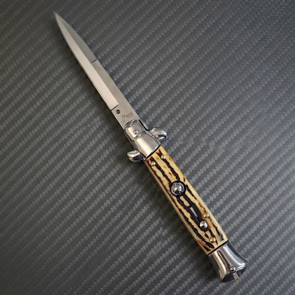 Italian Stiletto knife with 3.75 sharp bayonet blade, AKC 9 Sim Stag automatic luxury design