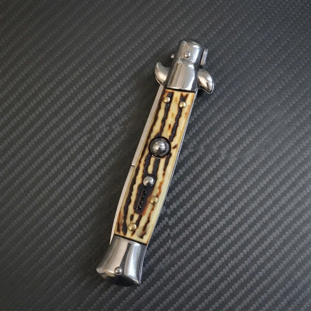 Italian Stiletto knife with 3.75 sharp bayonet blade, AKC 9 Sim Stag automatic luxury design