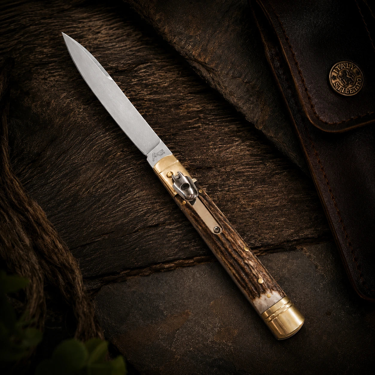 AKC 9 Leverlock Automatic Knife – Genuine Stag Handle, Satin Drop Point Blade