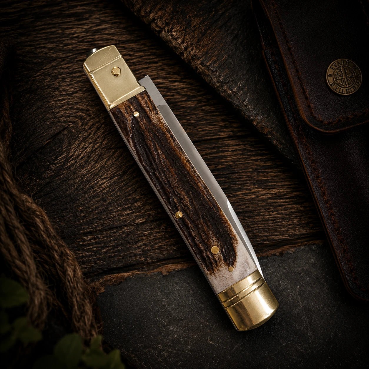 AKC 9 Leverlock Automatic Knife – Genuine Stag Handle, Satin Drop Point Blade