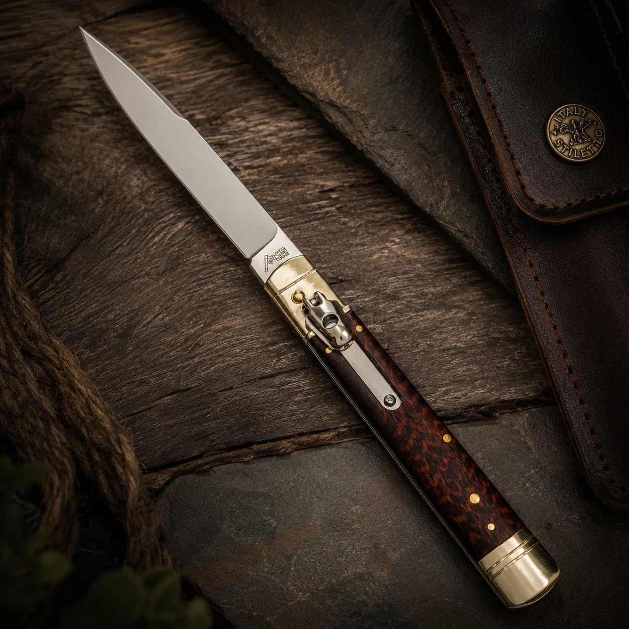 AKC 9 Leverlock Automatic Knife – Snakewood Handle, Satin Drop Point Blade