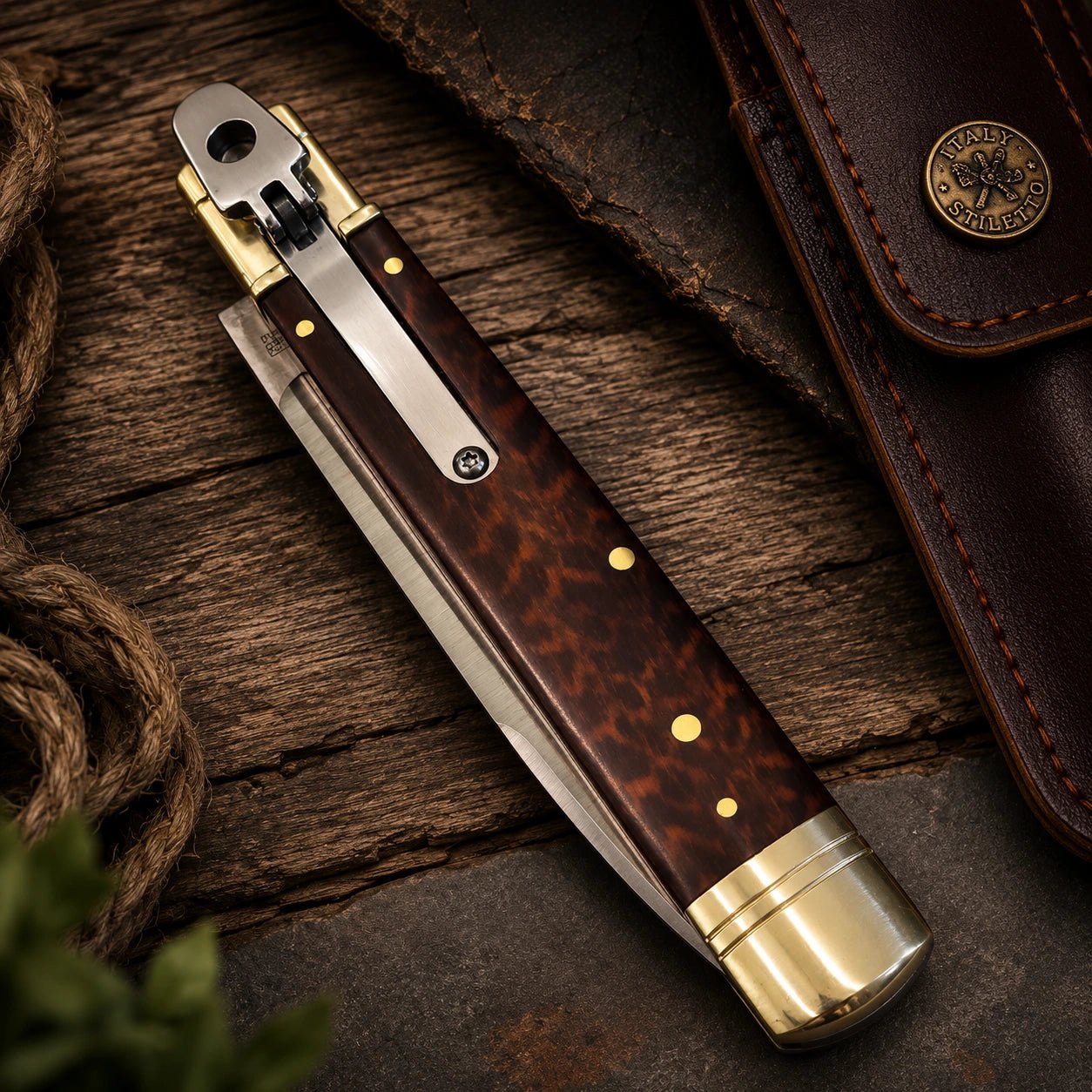 AKC 9 Leverlock Automatic Knife – Snakewood Handle, Satin Drop Point Blade