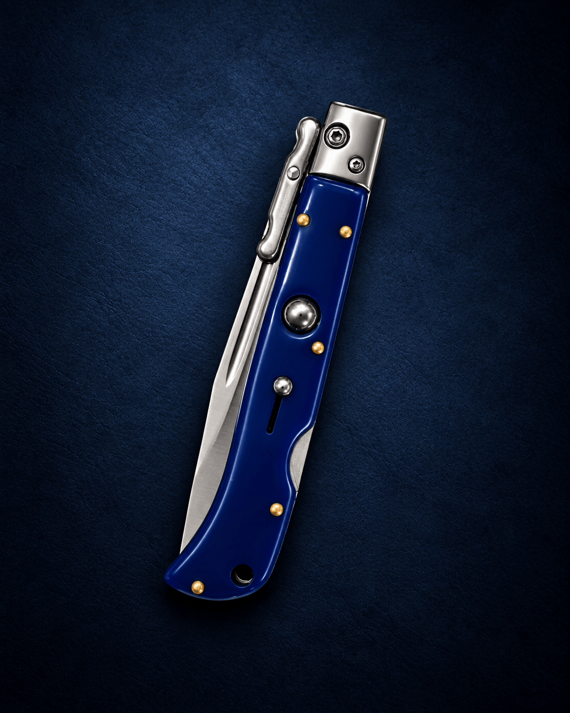 AKC 9 Roma Swinguard Automatic Knife – Blue Handle, 3.75 Polished Drop Point Blade