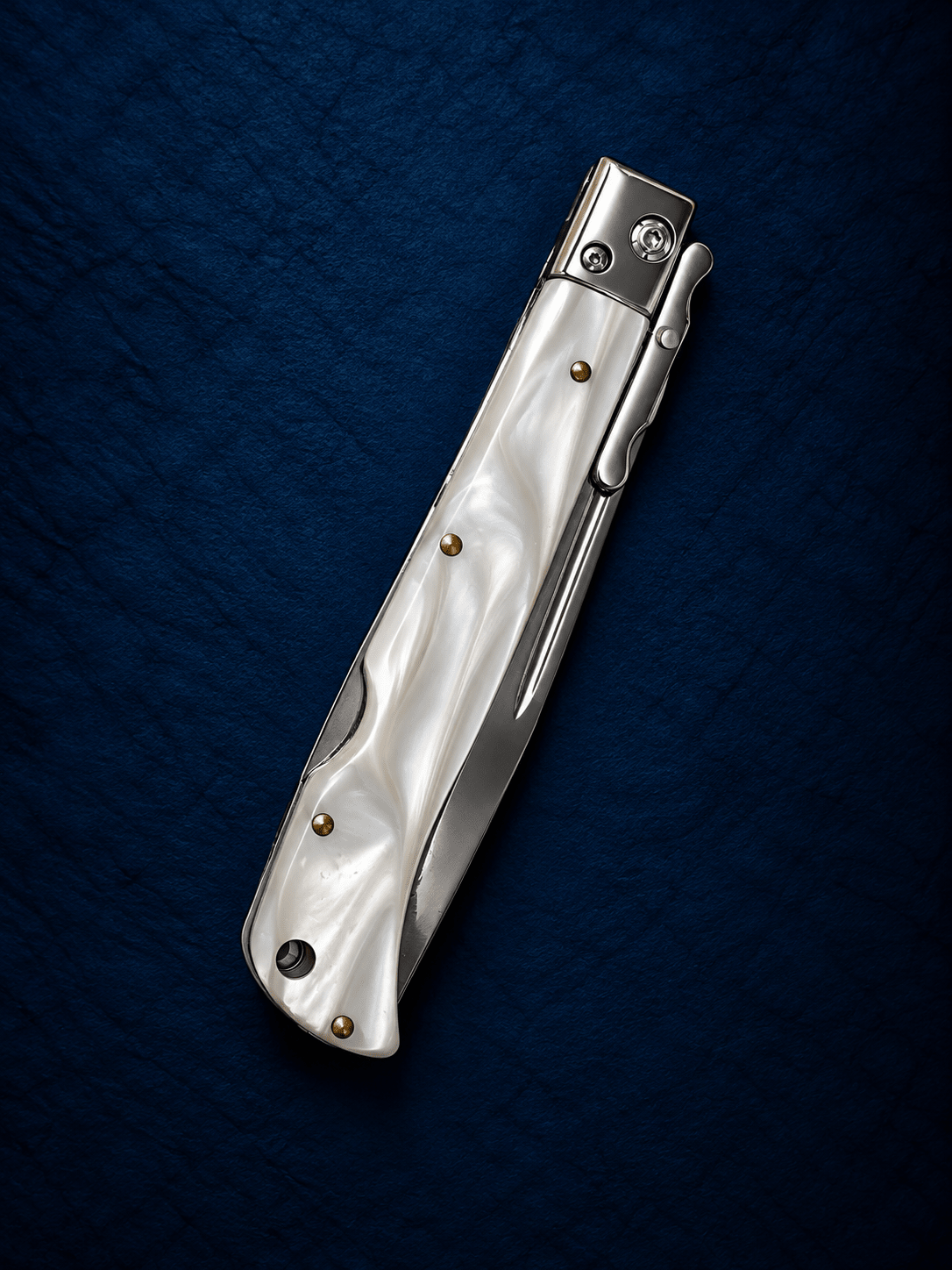 AKC 9 Roma Swinguard Automatic Knife – White Pearl Acrylic Handle, 3.75 Polished Drop Point Blade
