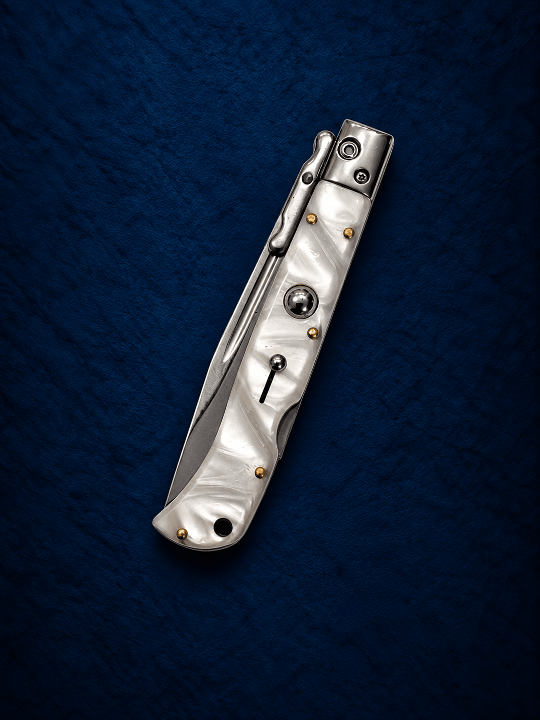 AKC 9 Roma Swinguard Automatic Knife – White Pearl Acrylic Handle, 3.75 Polished Drop Point Blade