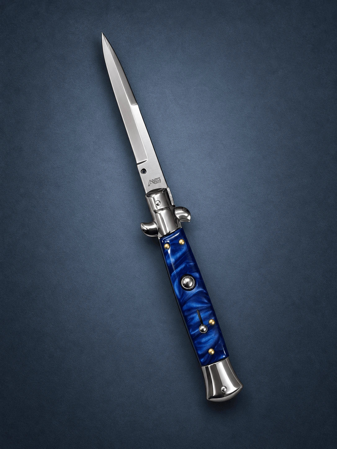 AKC 9 Stiletto Automatic Knife – Blue Pearl Acrylic Handle, Polished Bayonet Blade