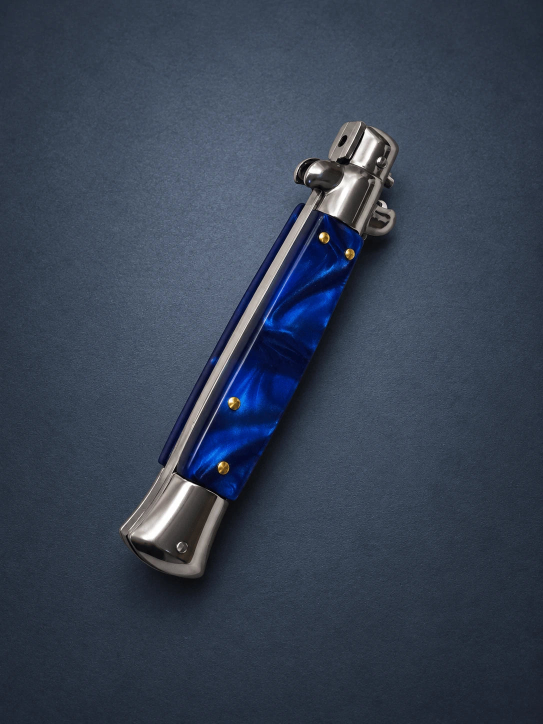 AKC 9 Stiletto Automatic Knife – Blue Pearl Acrylic Handle, Polished Bayonet Blade
