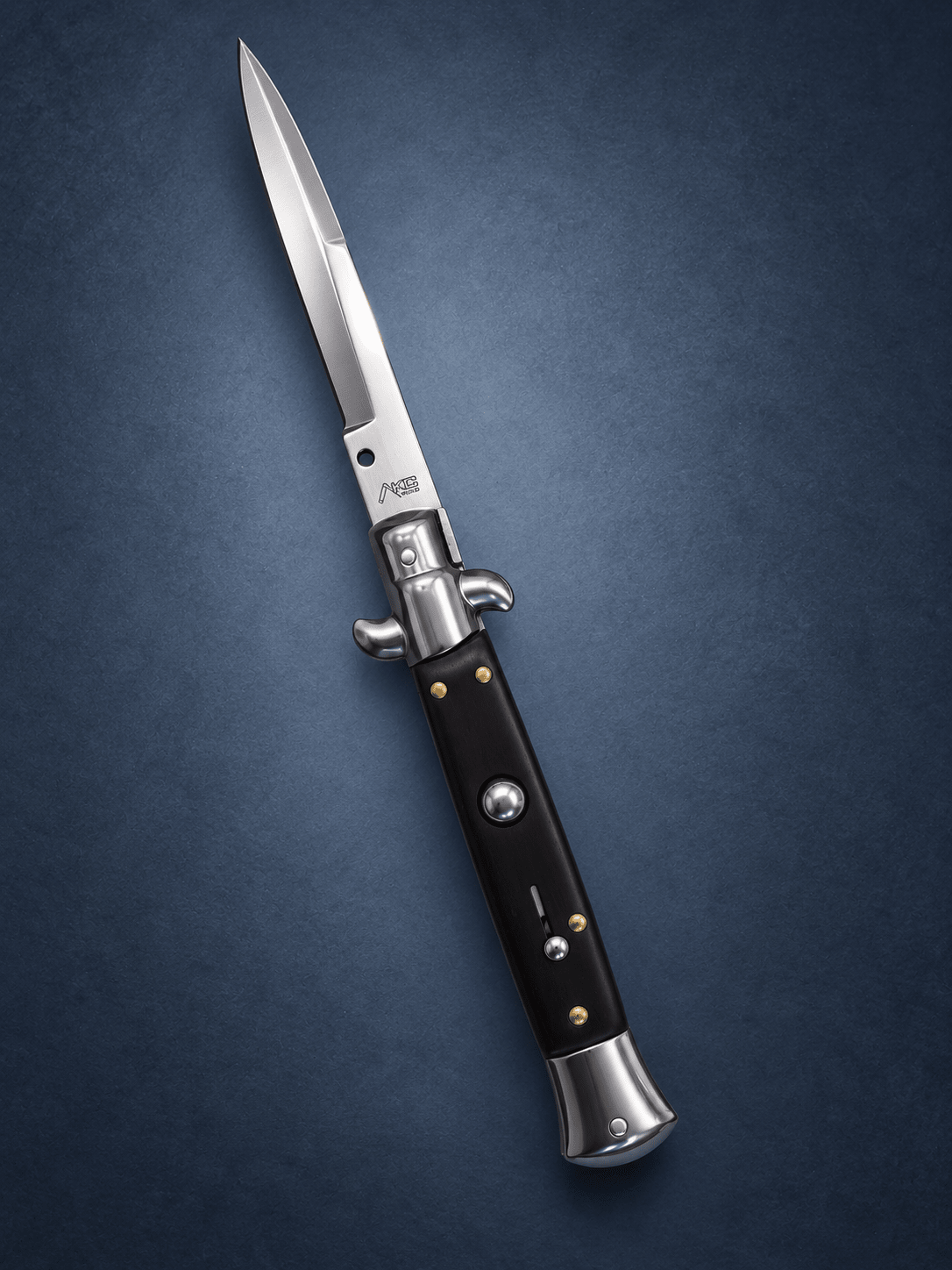 AKC 9 Stiletto Automatic Knife – Dark Coffee Wood Handle, Polished Bayonet Blade