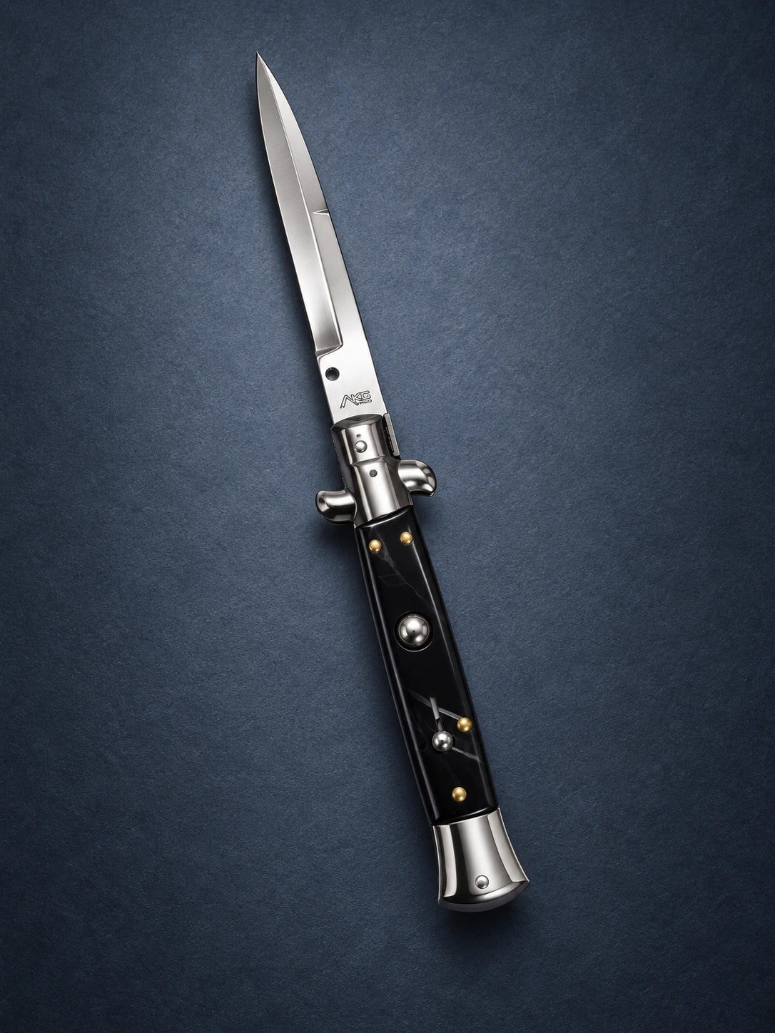 AKC 9 Stiletto Automatic Knife – Fractured Onyx Handle, Polished Bayonet Blade