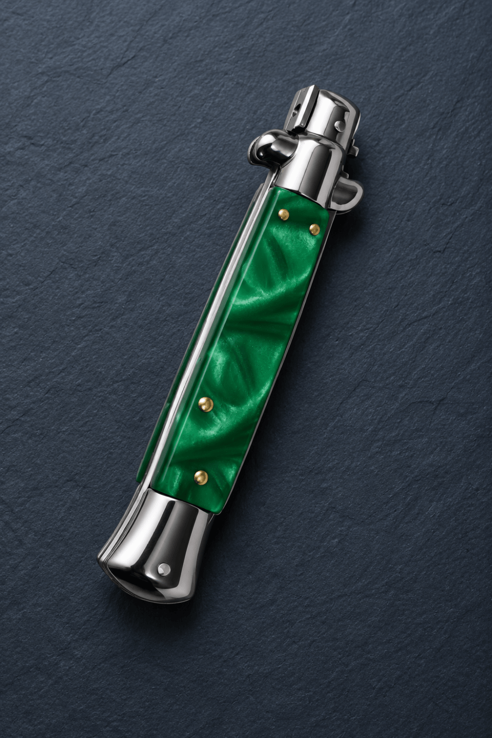 AKC 9 Stiletto Automatic Knife – Green Pearl Acrylic Handle, Polished Bayonet Blade