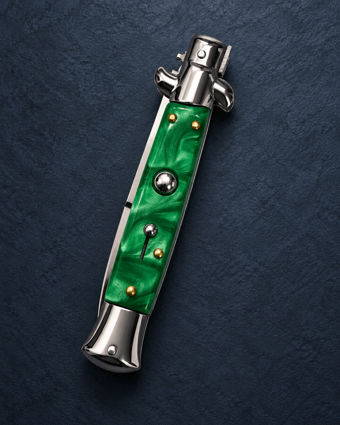 AKC 9 Stiletto Automatic Knife – Green Pearl Acrylic Handle, Polished Bayonet Blade