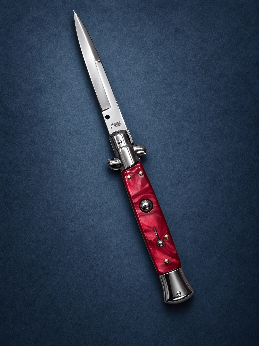 AKC 9 Stiletto Automatic Knife – Maroon Handle, Polished Bayonet Blade