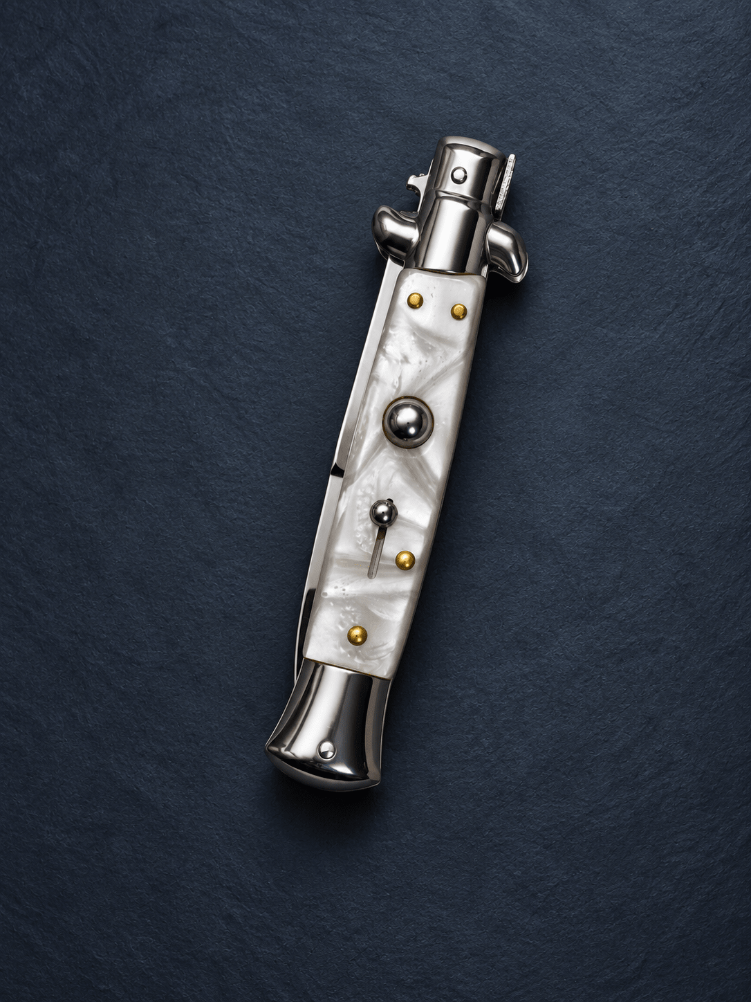 AKC 9 Stiletto Automatic Knife – White Pearl Acrylic Handle, Polished Bayonet Blade