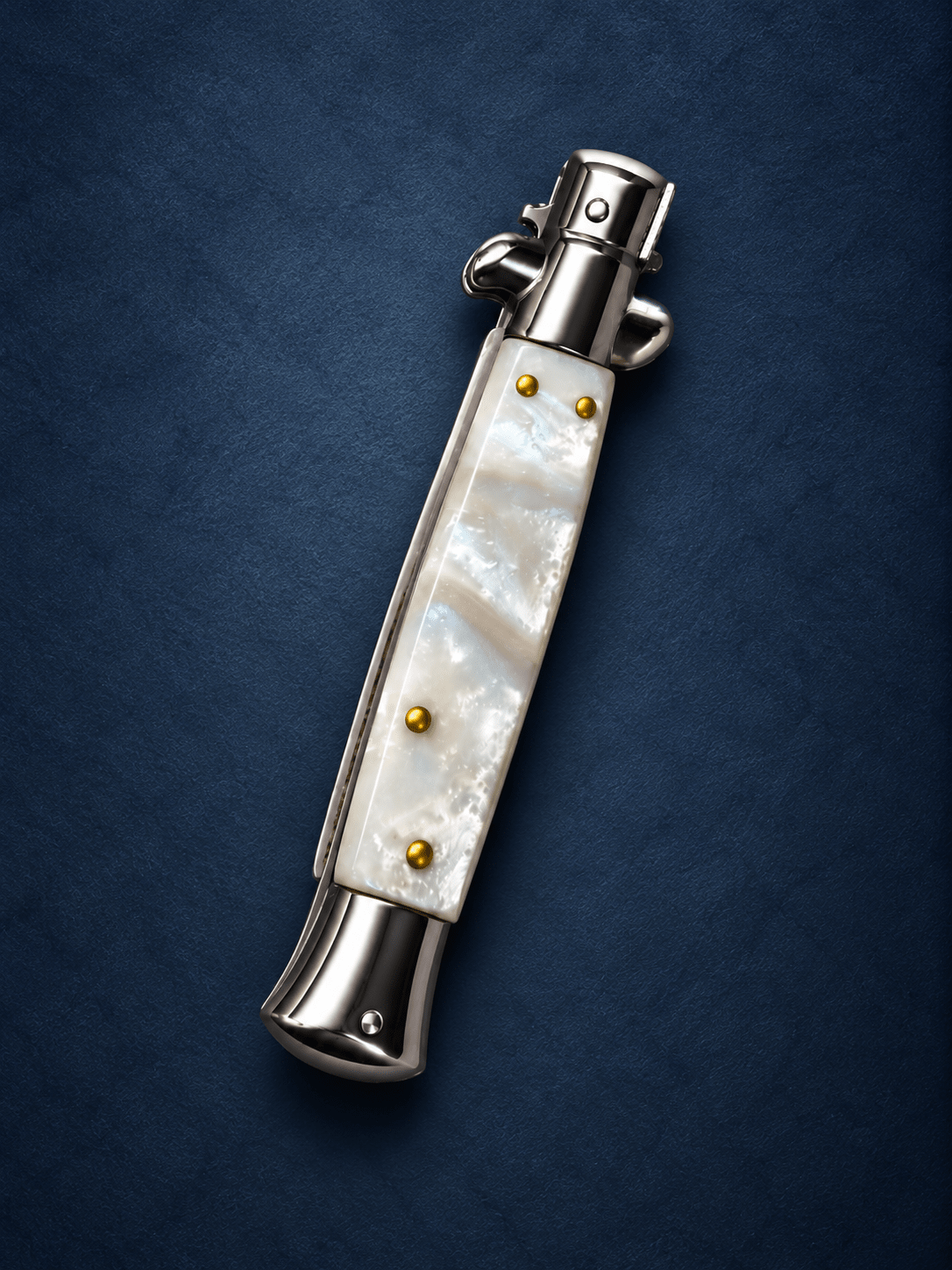 AKC 9 Stiletto Automatic Knife – White Pearl Acrylic Handle, Polished Bayonet Blade