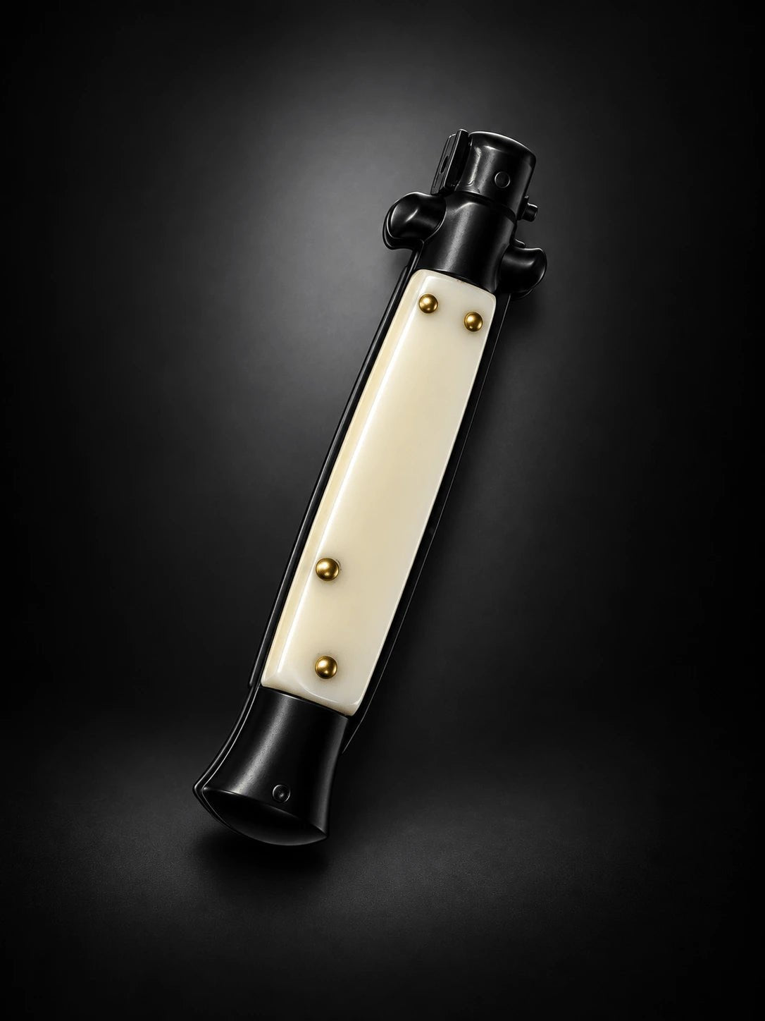 AKC 9 Tactical Edition Stiletto Automatic Knife – Ivory Acrylic Handle, 3.75 Black Bayonet Blade