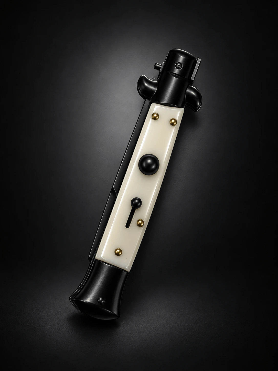 AKC 9 Tactical Edition Stiletto Automatic Knife – Ivory Acrylic Handle, 3.75 Black Bayonet Blade