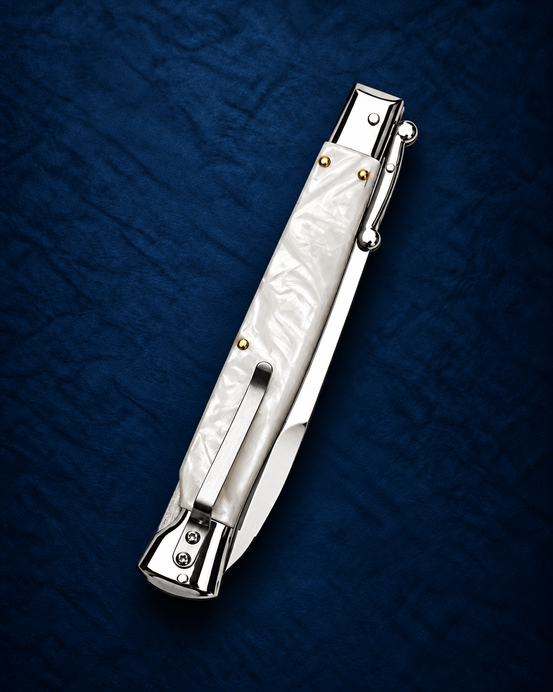AKC Italian 11 White Pearl Auto Swinguard - Polished Bayonet