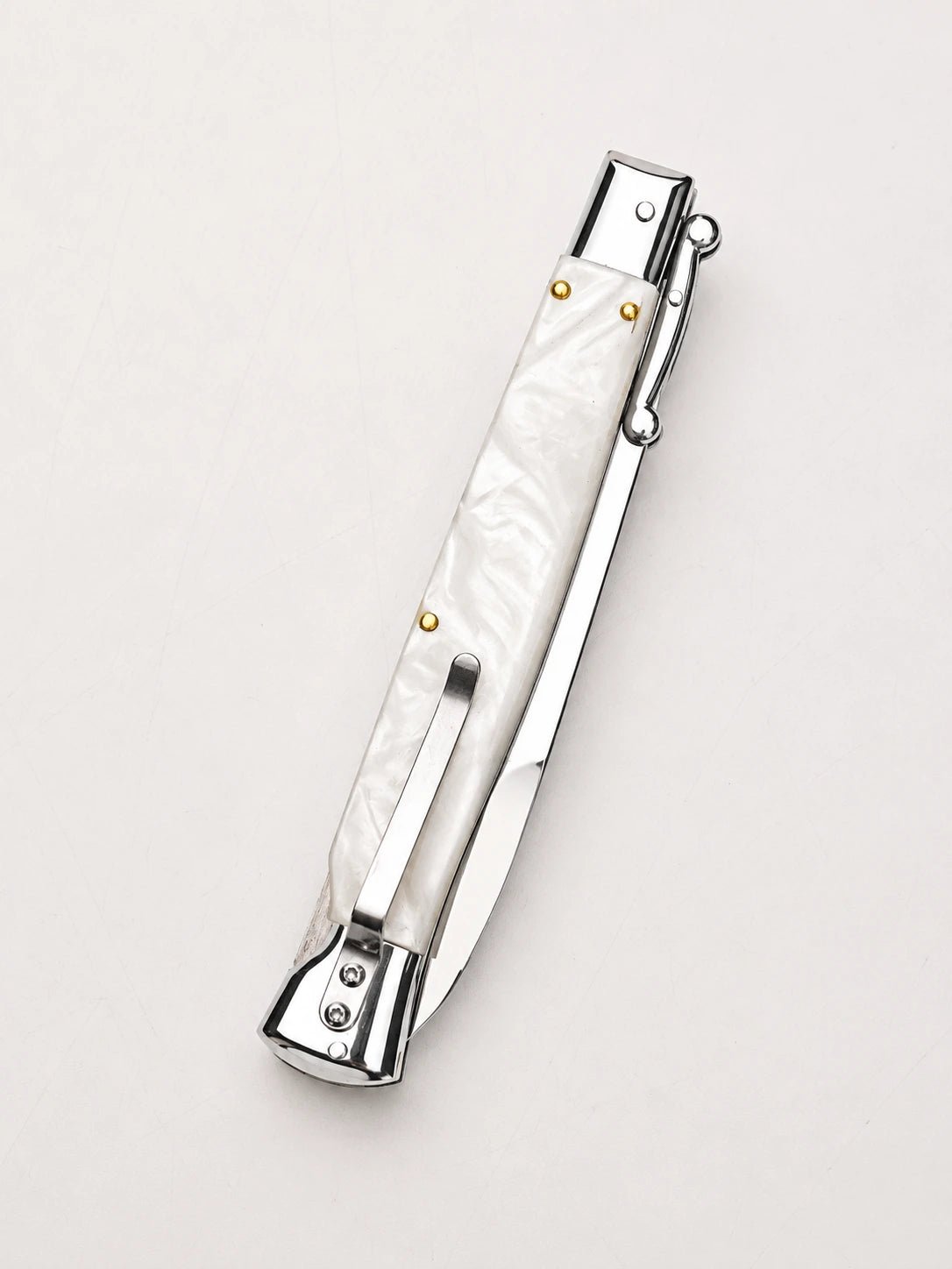 AKC Italian 11 White Pearl Auto Swinguard - Polished Bayonet