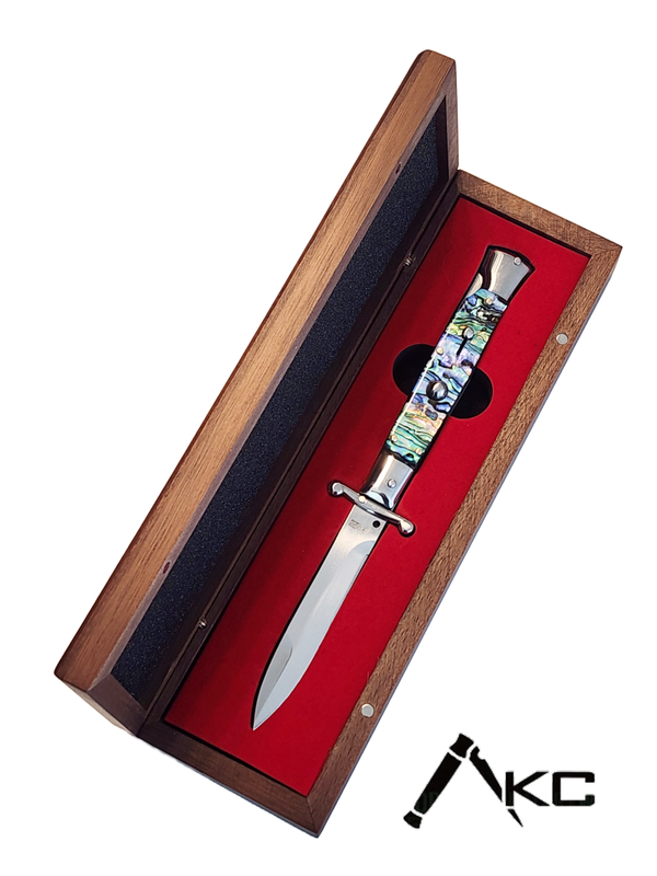 AKC Swinguard 9" Automatic Italian Stiletto Abalone (4" Polish Bayonet).