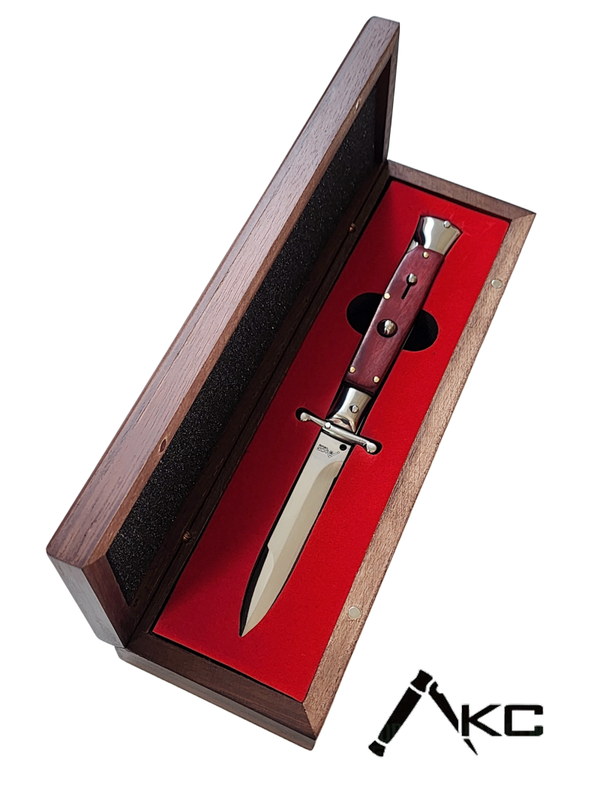 AKC Swinguard 9" Automatic Italian Stiletto Red Pakka Wood (4" Polish Bayonet).