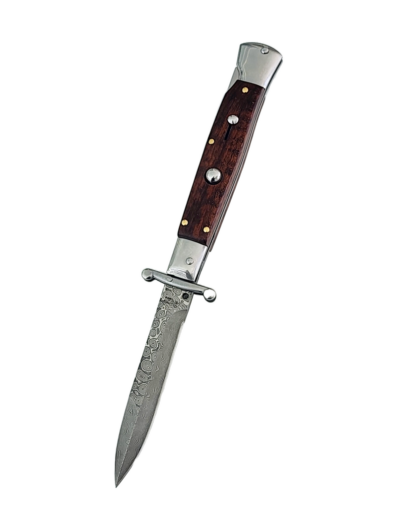 AKC Swinguard 9" Automatic Italian Stiletto Wood (4" Damascus  Bayonet).