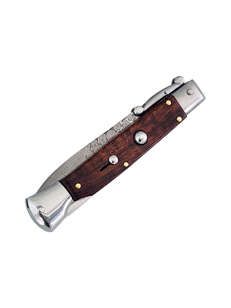 AKC Swinguard 9" Automatic Italian Stiletto Wood (4" Damascus  Bayonet).