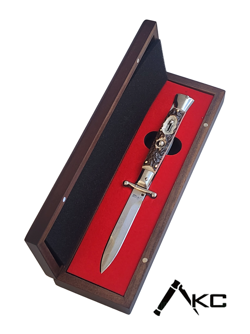 AKC Swinguard 9" Automatic Italian Stiletto Stag (4" Polished Bayonet)