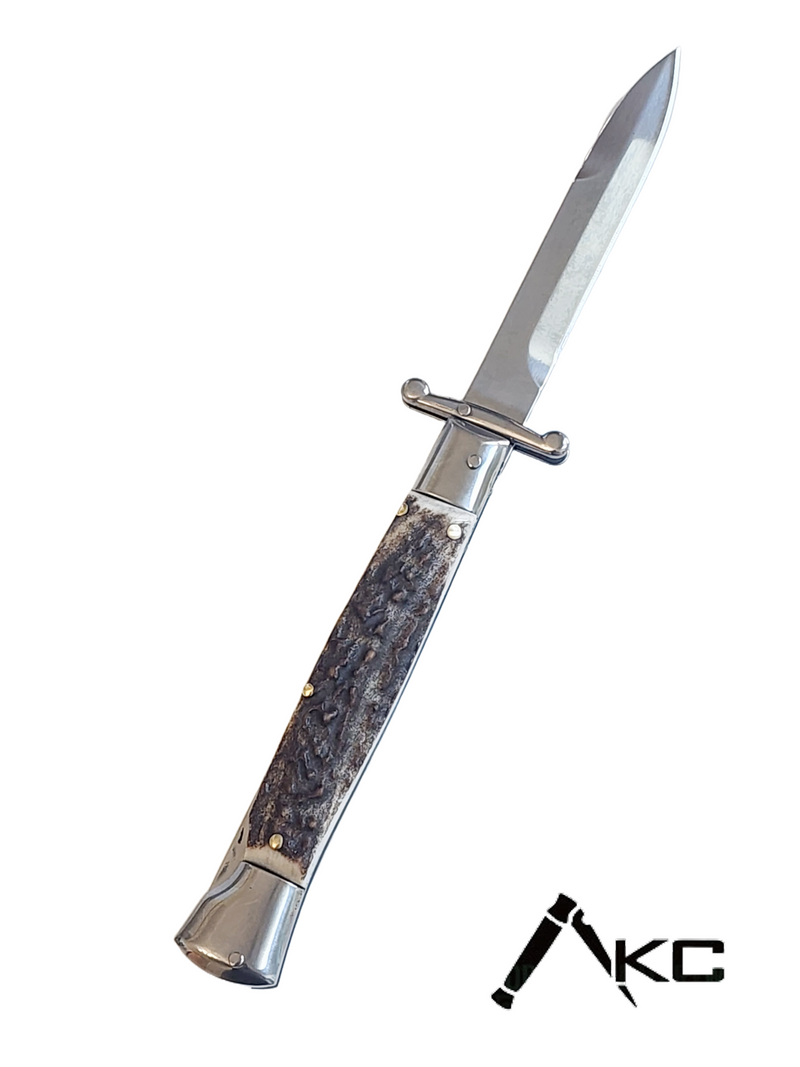 AKC Swinguard 9" Automatic Italian Stiletto Stag (4" Polished Bayonet)