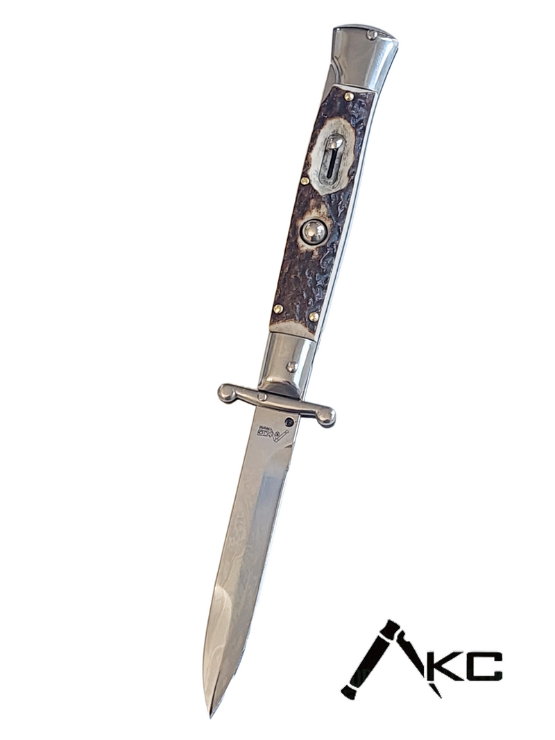 AKC Swinguard 9" Automatic Italian Stiletto Stag (4" Polished Bayonet)