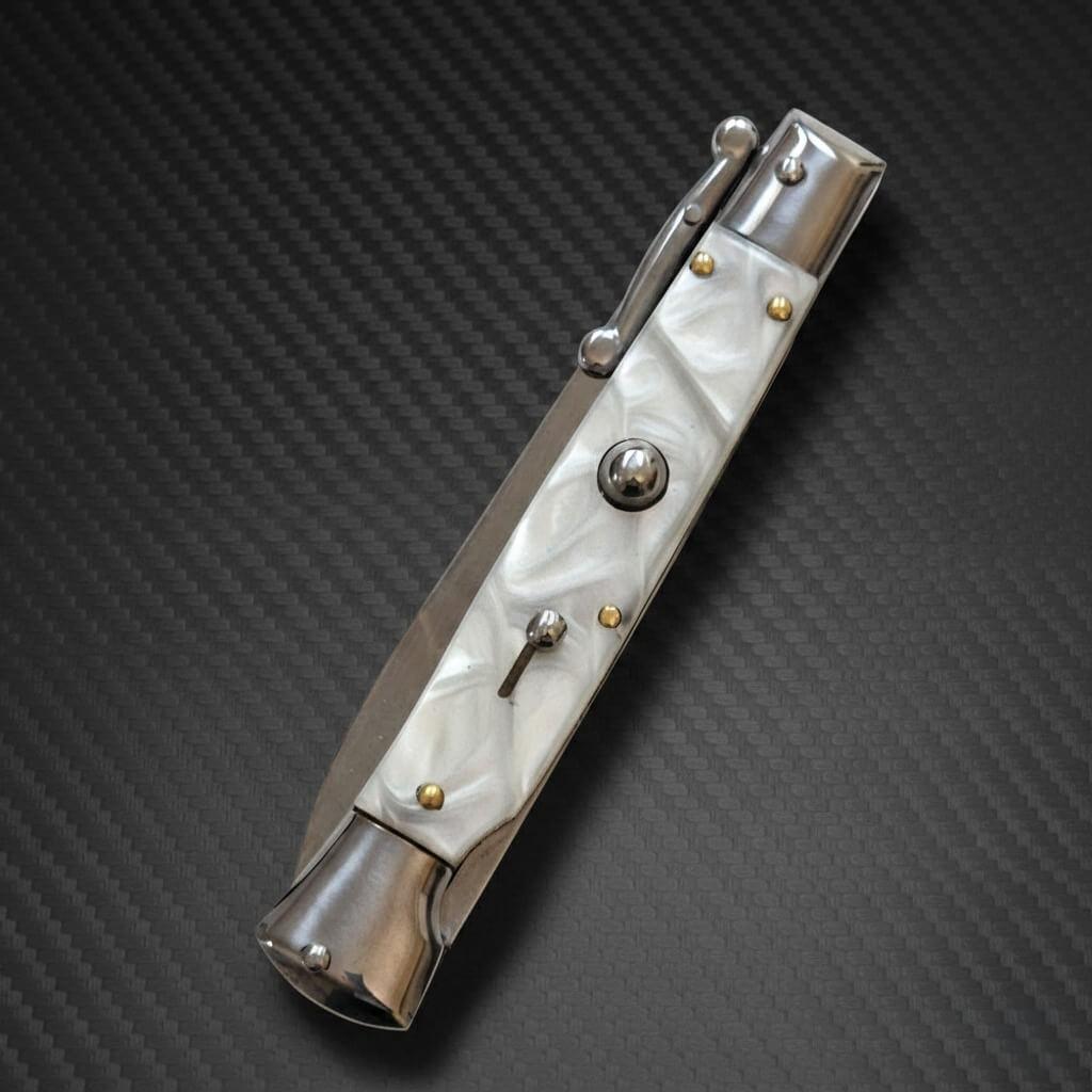 Elegant AKC Swinguard 9 Automatic Italian Stiletto in White Pearl with 4 Polish Bayonet blade for luxury collectors