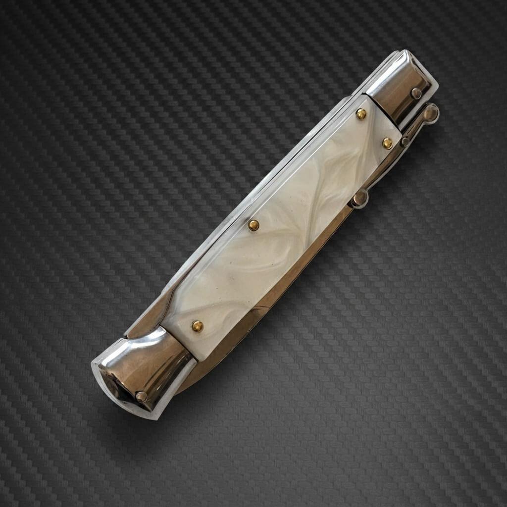 Elegant AKC Swinguard 9 Automatic Italian Stiletto in White Pearl with 4 Polish Bayonet blade for luxury collectors