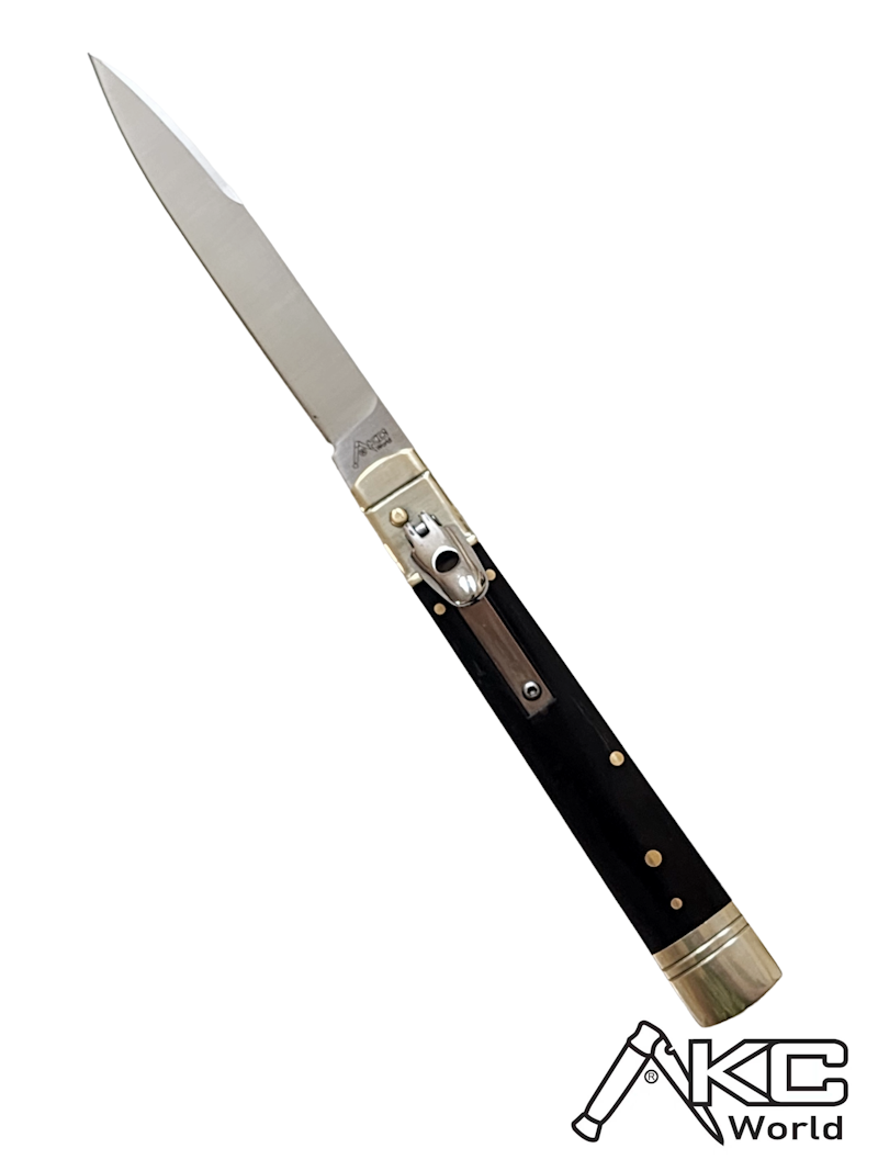 AKC World 9 Leverlock Automatic Knife featuring Dark Horn Handle and Satin Plain Blade for Collectors