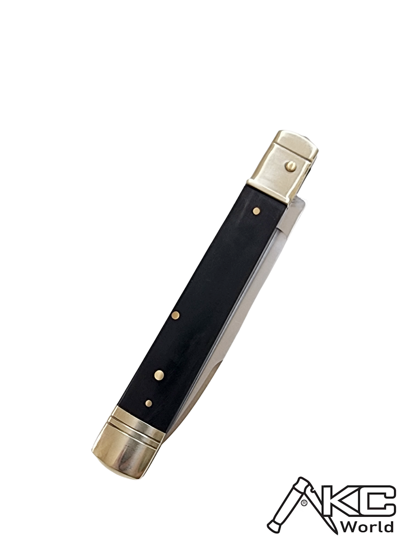 AKC World 9 Leverlock Automatic Knife featuring Dark Horn Handle and Satin Plain Blade for Collectors