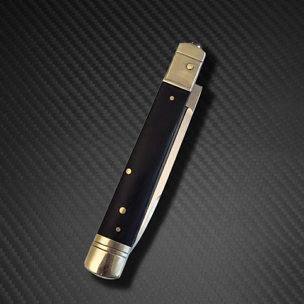 Leverlock automatic knife AKC 9 with dark horn handle and satin plain blade, ideal for collectors and everyday carry