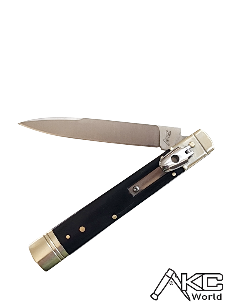 AKC World 9 Leverlock Automatic Knife featuring Dark Horn Handle and Satin Plain Blade for Collectors