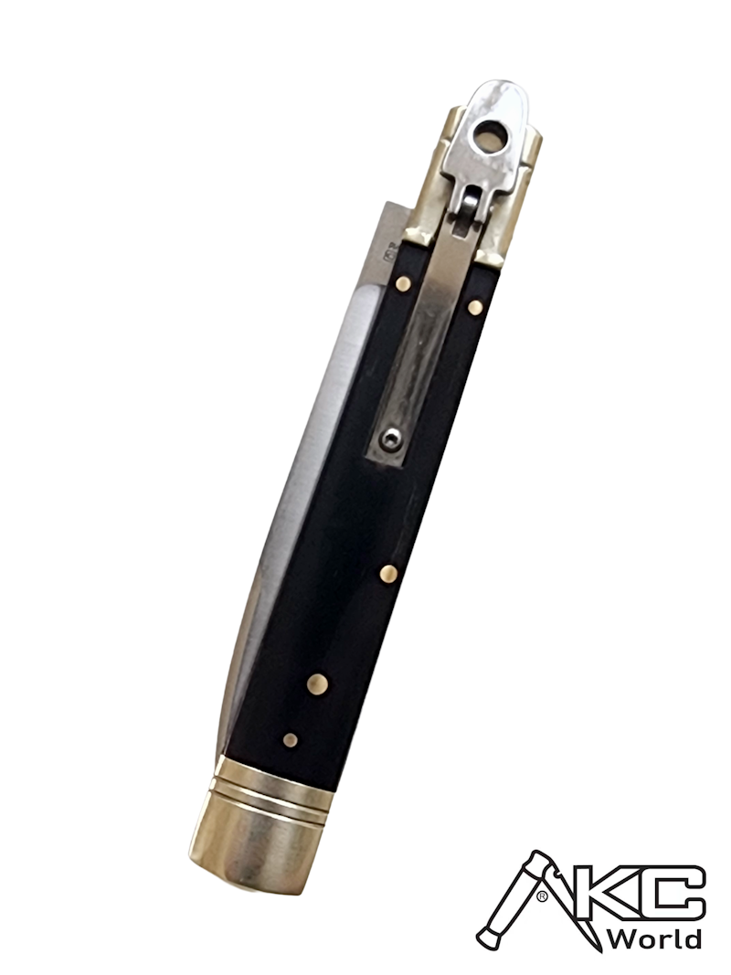 AKC World 9 Leverlock Automatic Knife featuring Dark Horn Handle and Satin Plain Blade for Collectors