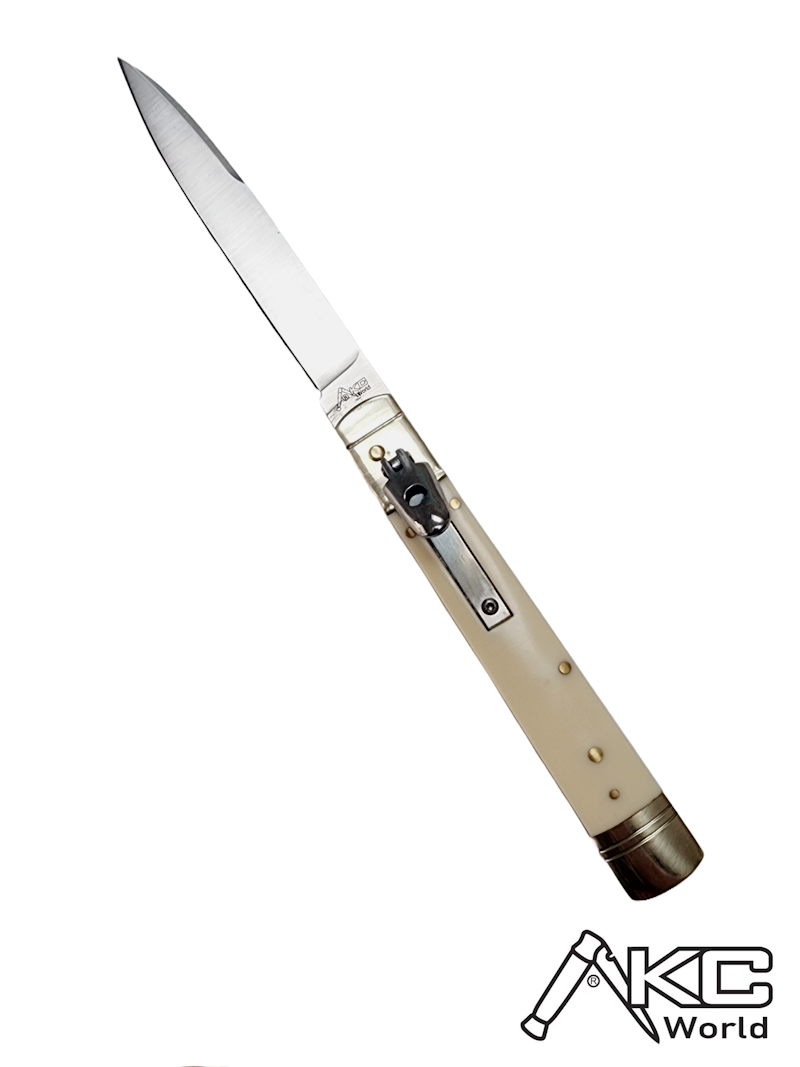 AKC World 9 Leverlock Automatic Knife Sim Ivory with Satin Plain blade, premium AKC Leverlock design for collectors