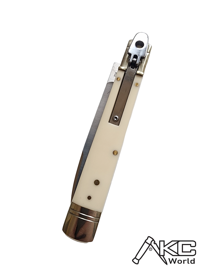 AKC World 9 Leverlock Automatic Knife Sim Ivory with Satin Plain blade, premium AKC Leverlock design for collectors