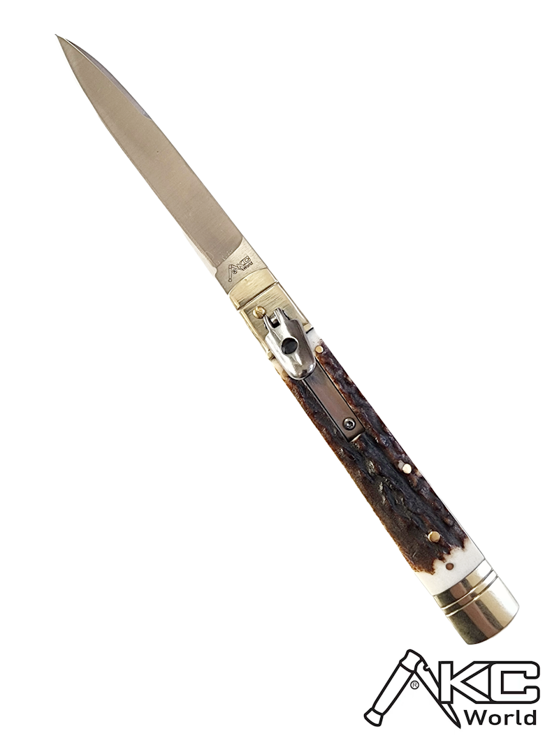 AKC World 9 Leverlock Automatic Knife with Stag Handle in Satin Plain finish, premium quality folding knife