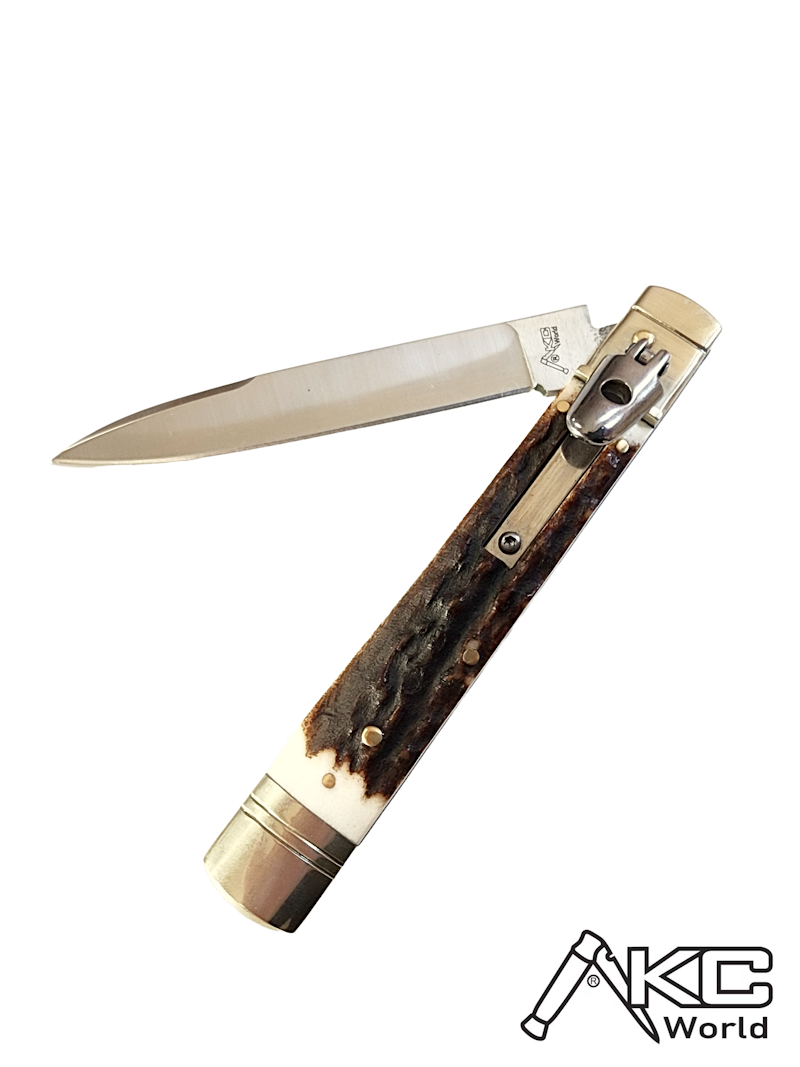 AKC World 9 Leverlock Automatic Knife with Stag Handle in Satin Plain finish, premium quality folding knife