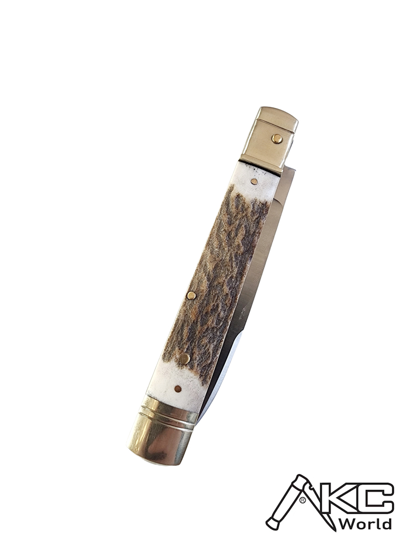 AKC World 9 Leverlock Automatic Knife with Stag Handle in Satin Plain finish, premium quality folding knife