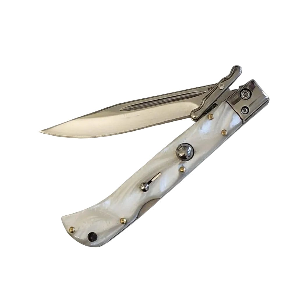 Elegant AKC 9 Italian Roma Swinguard Automatic in White Pearl, 3.75 Polished finish for sophisticated style