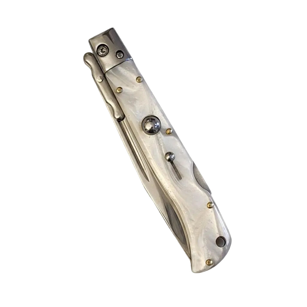 Elegant AKC 9 Italian Roma Swinguard Automatic in White Pearl, 3.75 Polished finish for sophisticated style