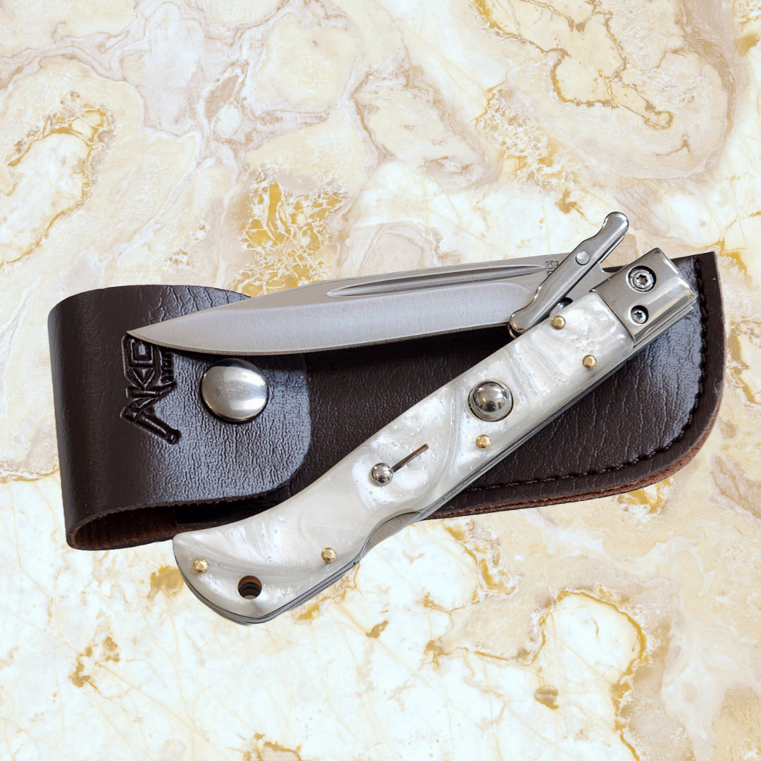 AKC 9" Italian Roma Swinguard Switchblade - White Pearl (3.75" Polished).