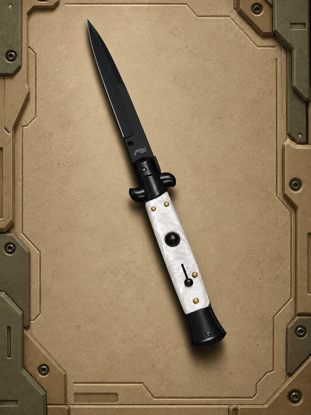AKC 9 Tactical Edition Auto Stiletto White Pearl Knife - (3.75 Black Bayonet)